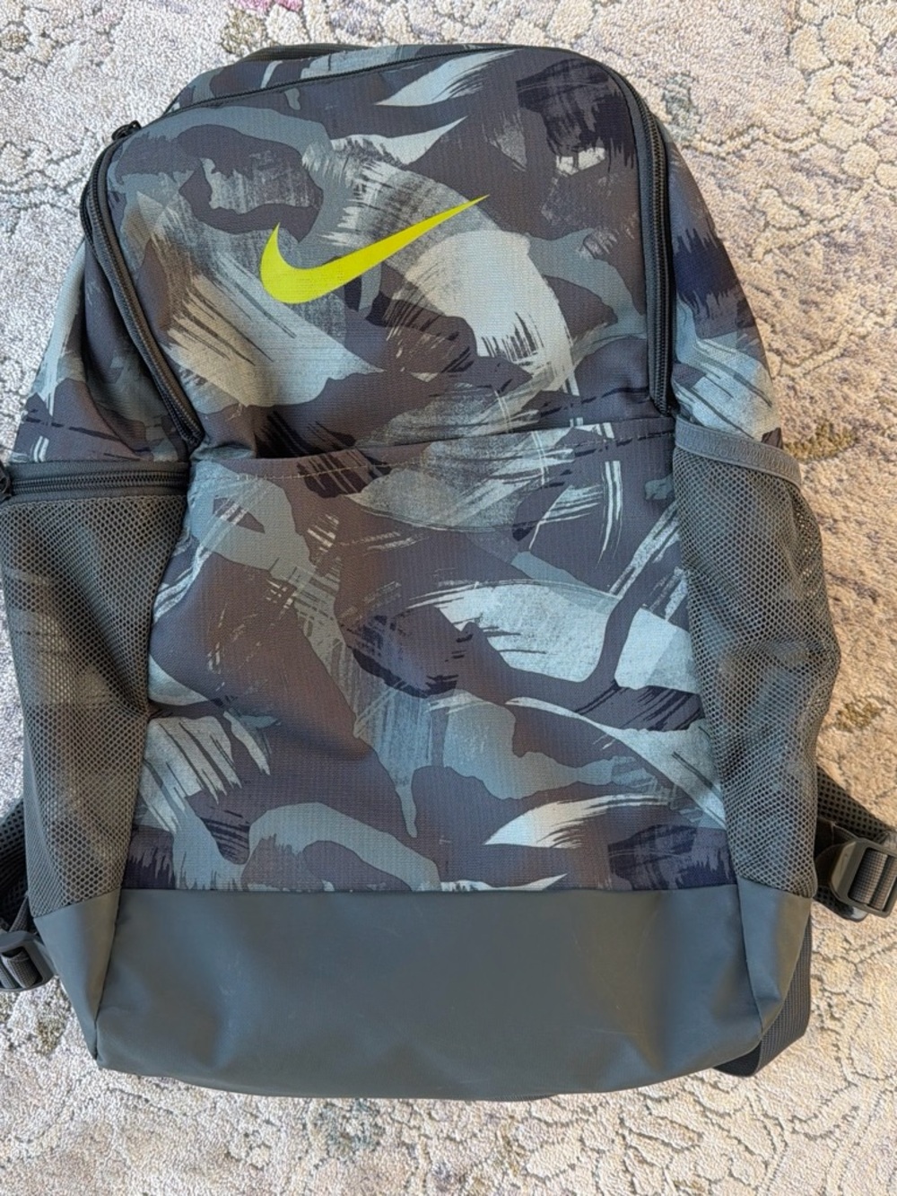 Nike Gray Camo Backpack with Neon Swoosh